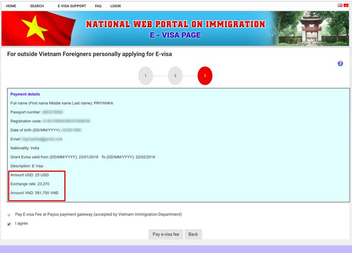 Vietnam e visa payment 