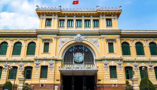 Saigon Central Post Office in Ho Chi Minh City, a famous landmark featuring French colonial architecture and historic interior design.