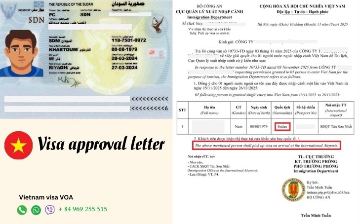 Vietnam visa approval letter for Sudanese