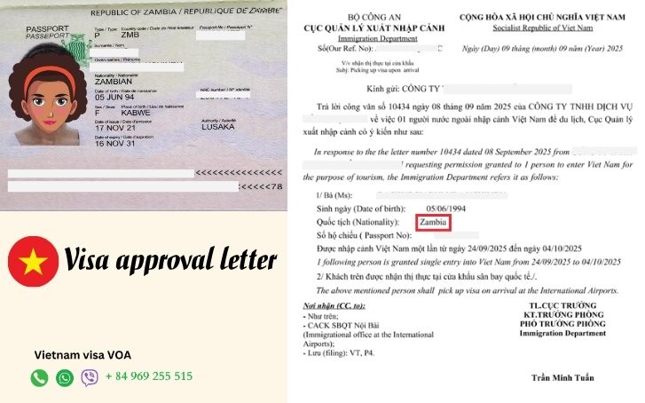Vietnam visa approval letter for Zambia 